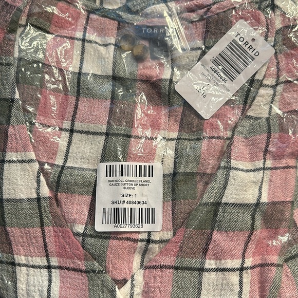 Torrid Pink & Green Plaid Babydoll Crinkle Flannel Gauze Button Short Sleeve NWT - Picture 7 of 8